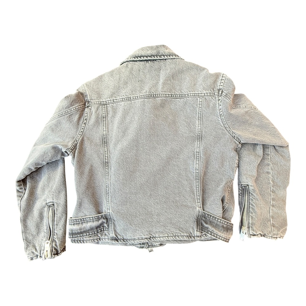 All Saints Denim Moto Jacket Women 8 Faded Black Belted Biker Asymmetrical Zip - Picture 7 of 14
